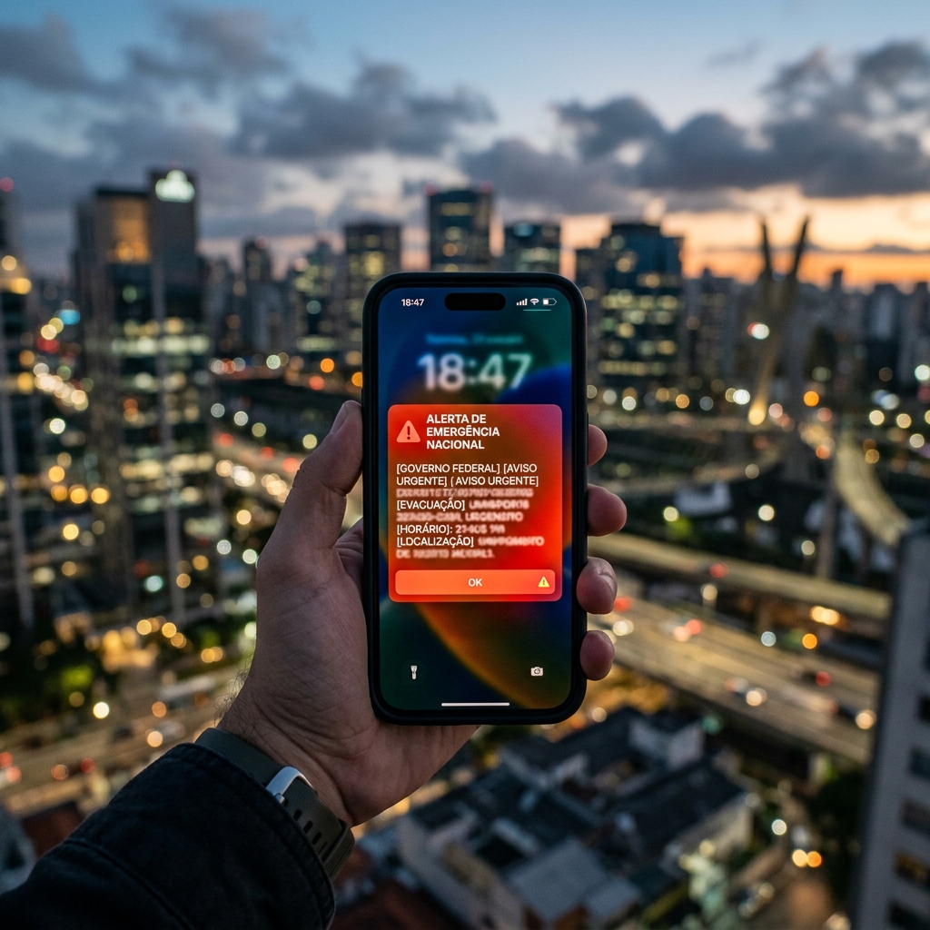 Celular exibindo alerta falso da Defesa Civil